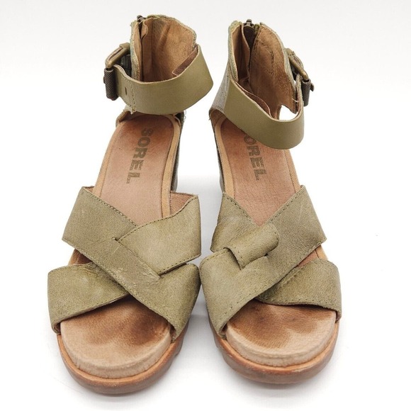 Sorel Joanie II (Womens Size 8) Ankle Strap Zip Wedge Open Sandals Green Leather - Picture 3 of 9